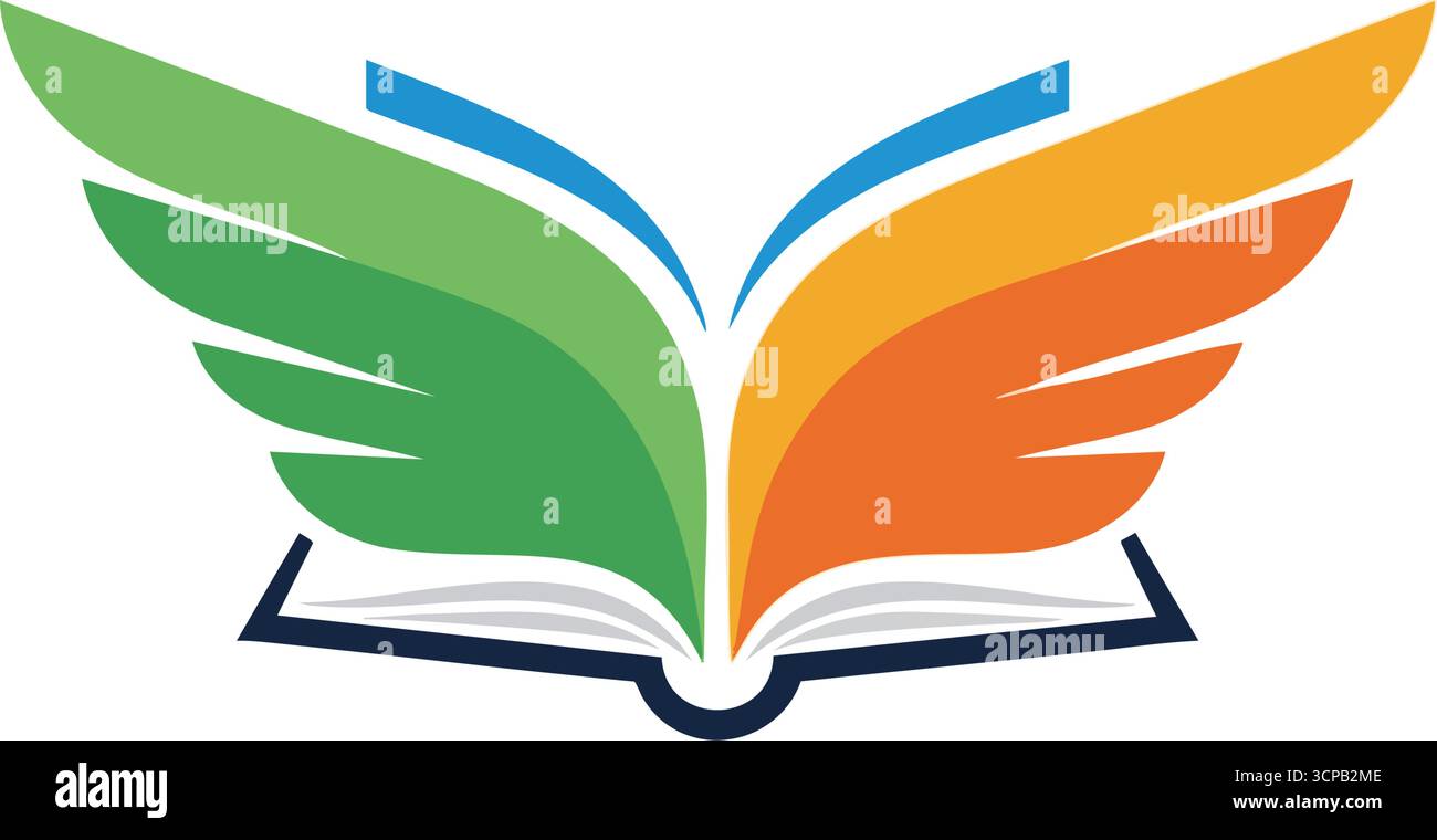 Logo „Knowledge Takes Flight“. Ein lebhaftes Emblem zeigt eine offene Publikation mit Seiten als bunte Flügel. Dieses abstrakte Design deutet auf Intellekt-Empow hin Stock Vektor