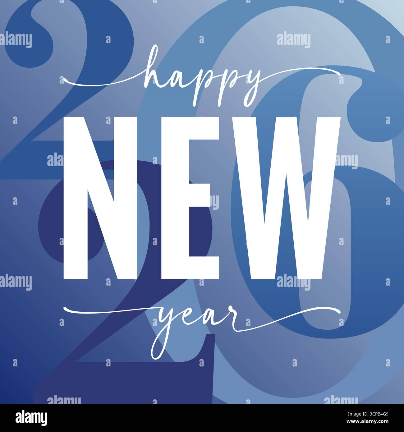 Happy New Year 2026 quadratische blaue Karte. Neujahrswünsche Cover-Design, süße Postkarte. Kreatives Webbanner. Stock Vektor