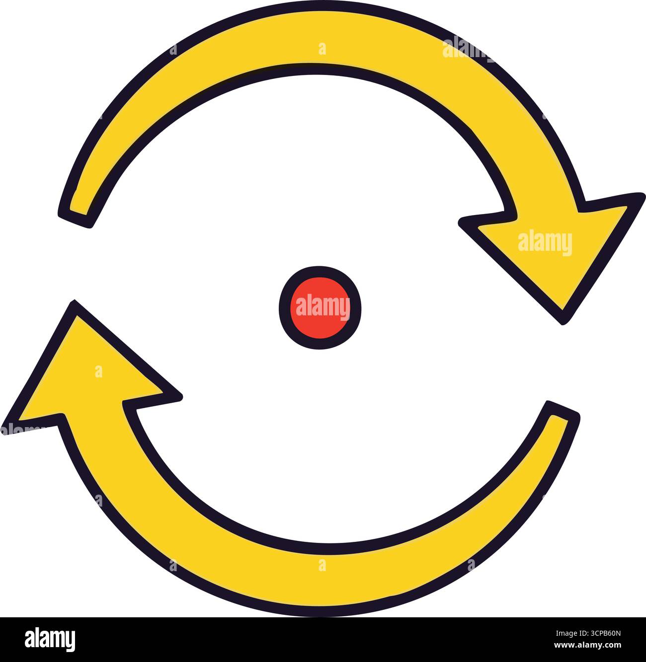 Symbol Für Kontinuierlichen Kreisfluss. Die dynamische Grafik zeigt gelbe Pfeile in einem Zyklus mit roter Mitte, die die Aktualisierung, Erneuerung und den iterativen Prozess symbolisieren Stock Vektor