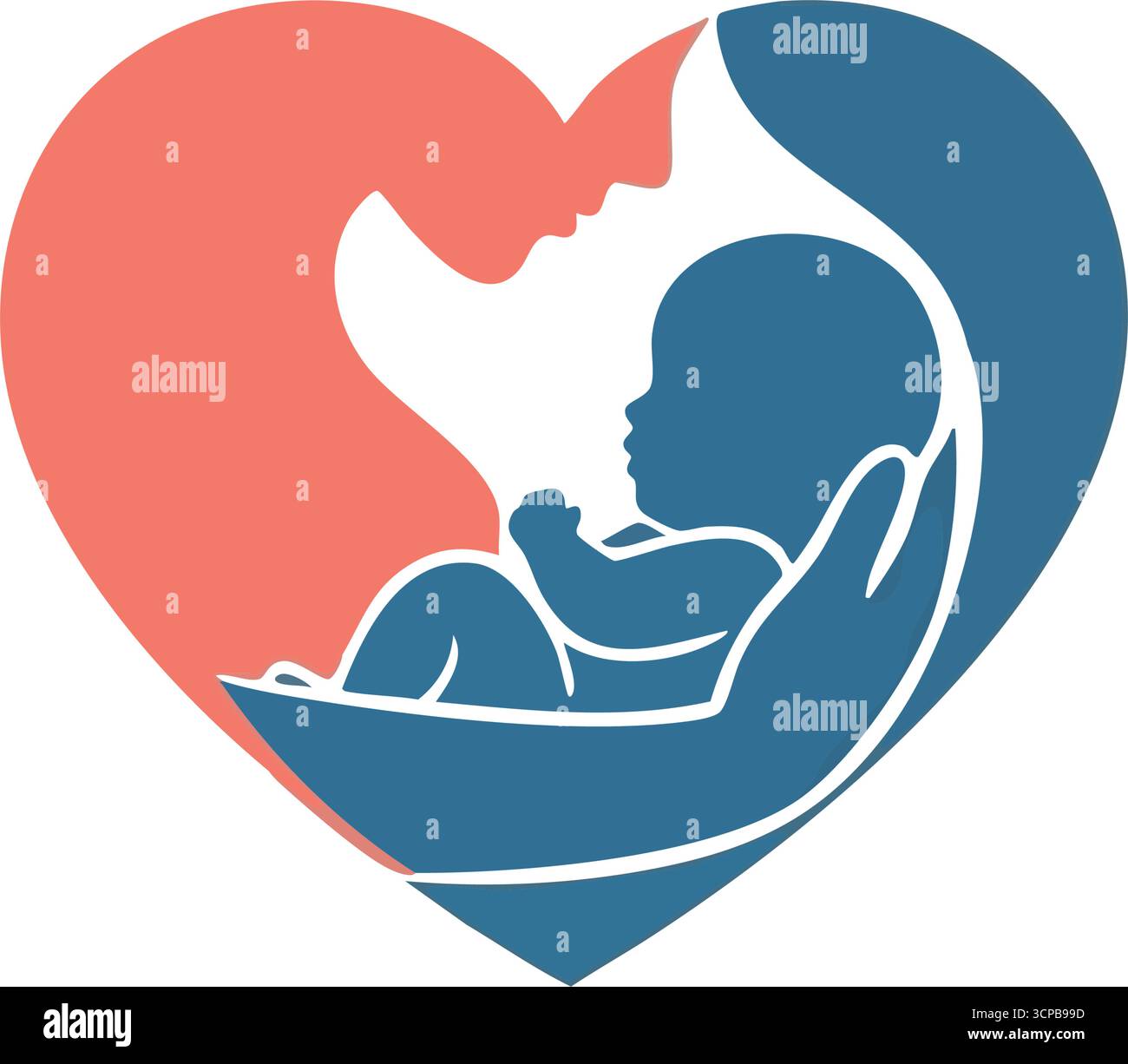 Mütterliches Embrace Heart Baby Symbol. Eine ikonische Illustration, die die Silhouette einer pflegenden Mutter zeigt, die ihr Kind in Herzform umhüllt. Dieses Bild Stock Vektor