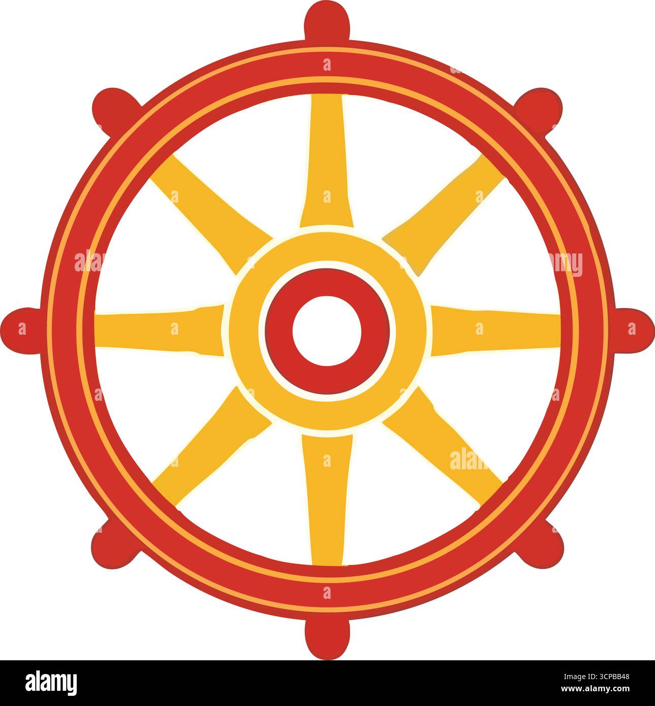 Dharma Chakra Spirituelles Symbol. Lebendiges altes Emblem, das Lehren und Weisheit repräsentiert. Diese heilige Ikone zeigt den Weg zum Erwachen und zum inneren h Stock Vektor