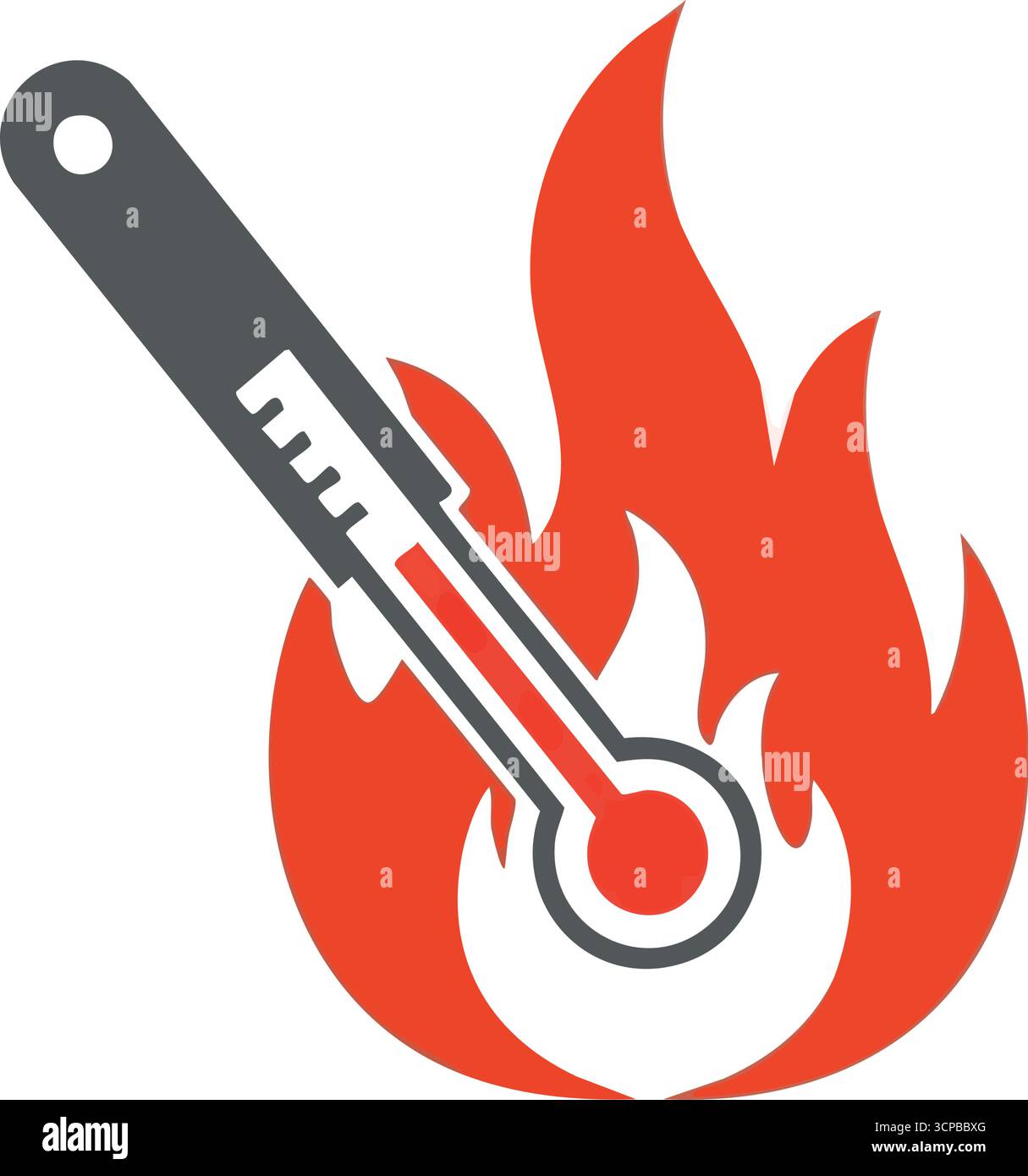 Warnsymbol Für Hohe Hitze. Ikonische Grafik eines Quecksilbermessgeräts, umgeben von feurigen Elementen, die extreme Wärme oder Krankheit vermitteln. Stellt Gefahr dar, hoch t Stock Vektor