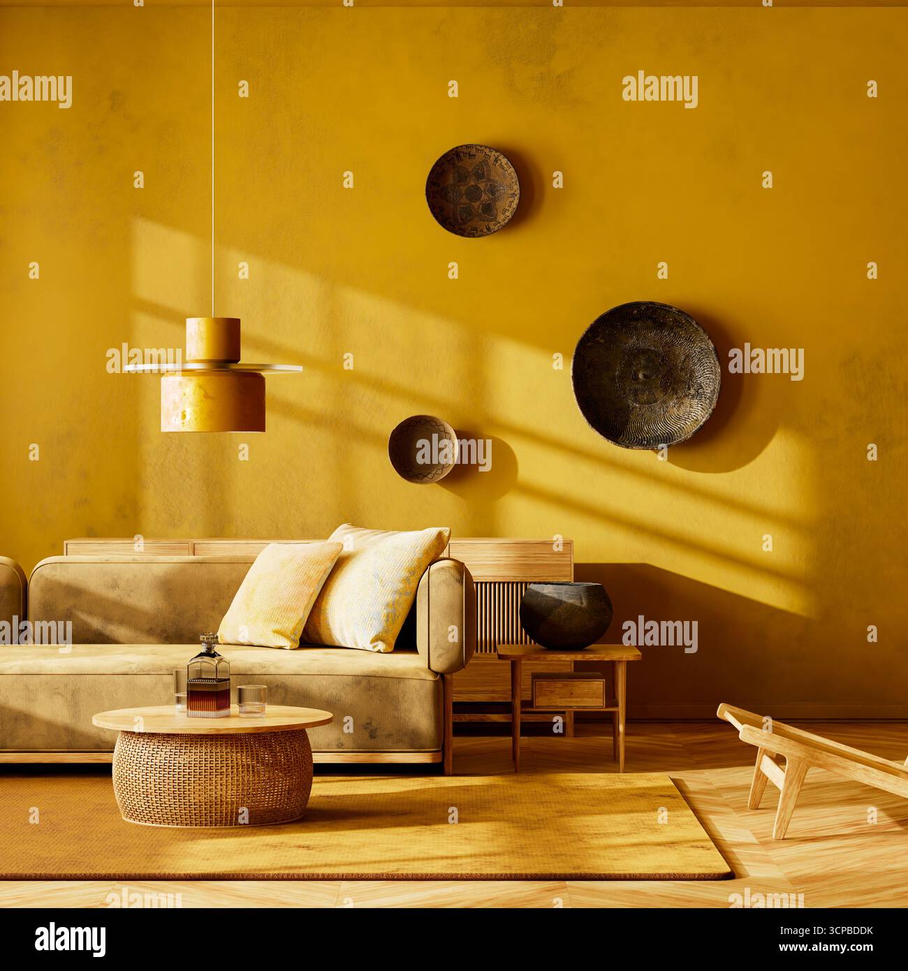 Warmes Boho-eklektisches Wohnzimmer mit gelben Wänden, künstlerischer Wanddekoration, gemütlichem Sofa und natürlichen Texturen schaffen eine lebendige und einladende Atmosphäre. 3D Stockfoto
