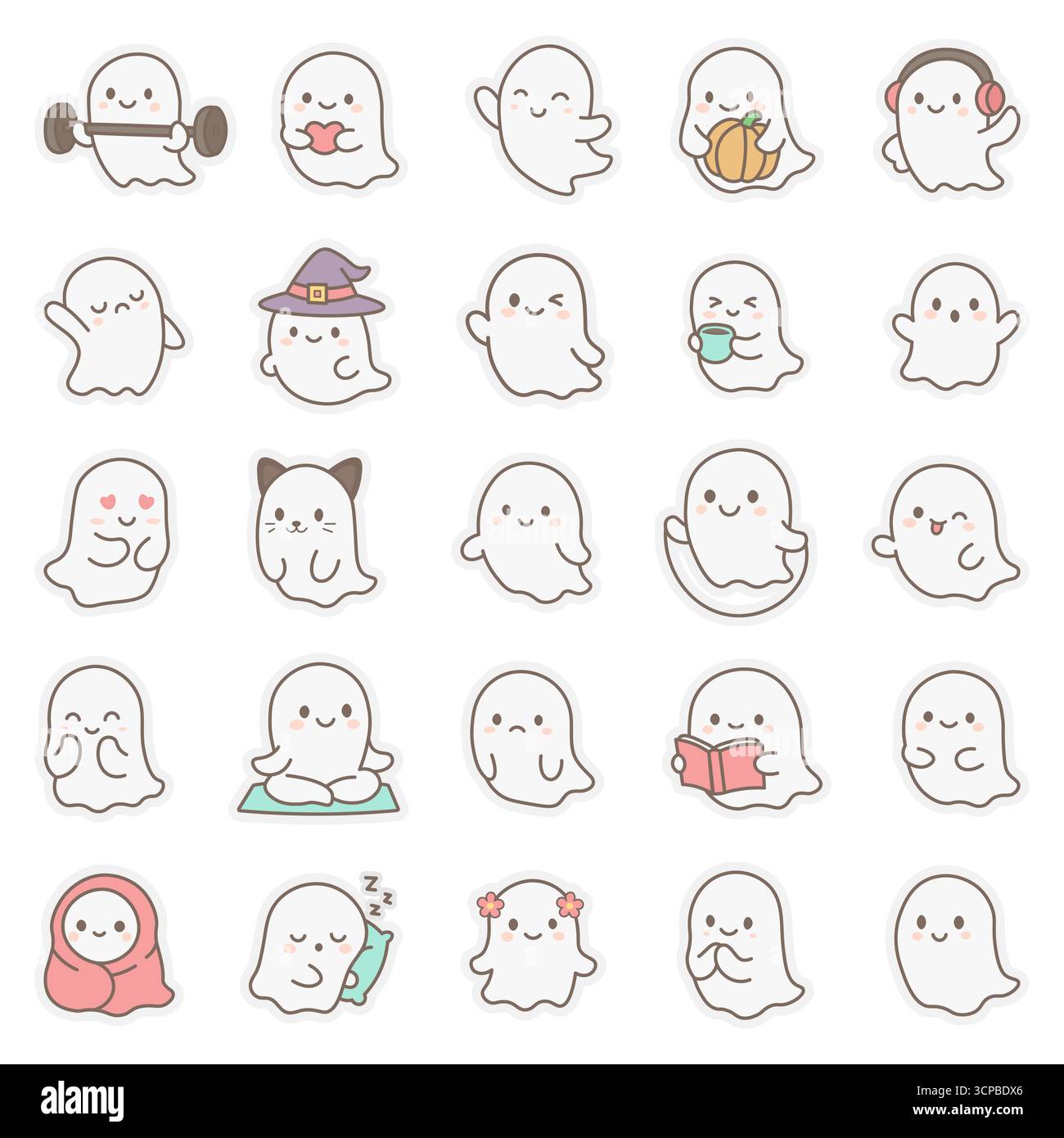 Kawaii Ghost Sticker Kollektion mit Emotionen und Aktivitäten, perfekt für Nachrichten oder Dekoration Stock Vektor