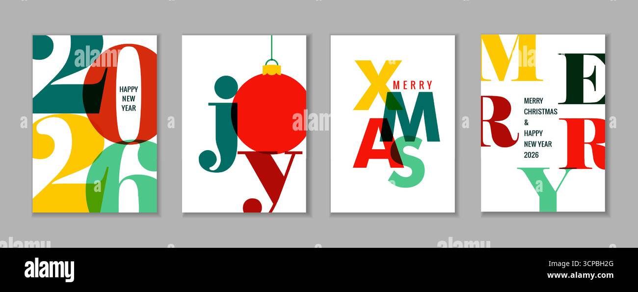 Happy New Year 2026-Grußkarte und moderne farbenfrohe Poster zur Weihnachtszeit. Kreatives Neujahrsdesign für Urlaubsposter oder Kalenderumschläge für 2026 Stock Vektor