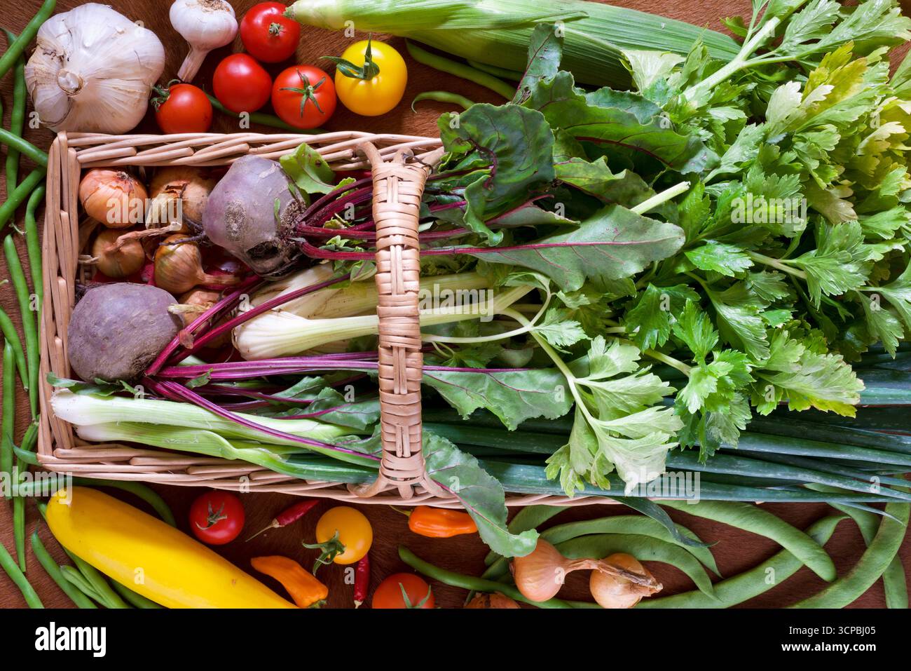 Eine Sammlung von heimischem Sommergemüse in einem Korb Stockfoto
