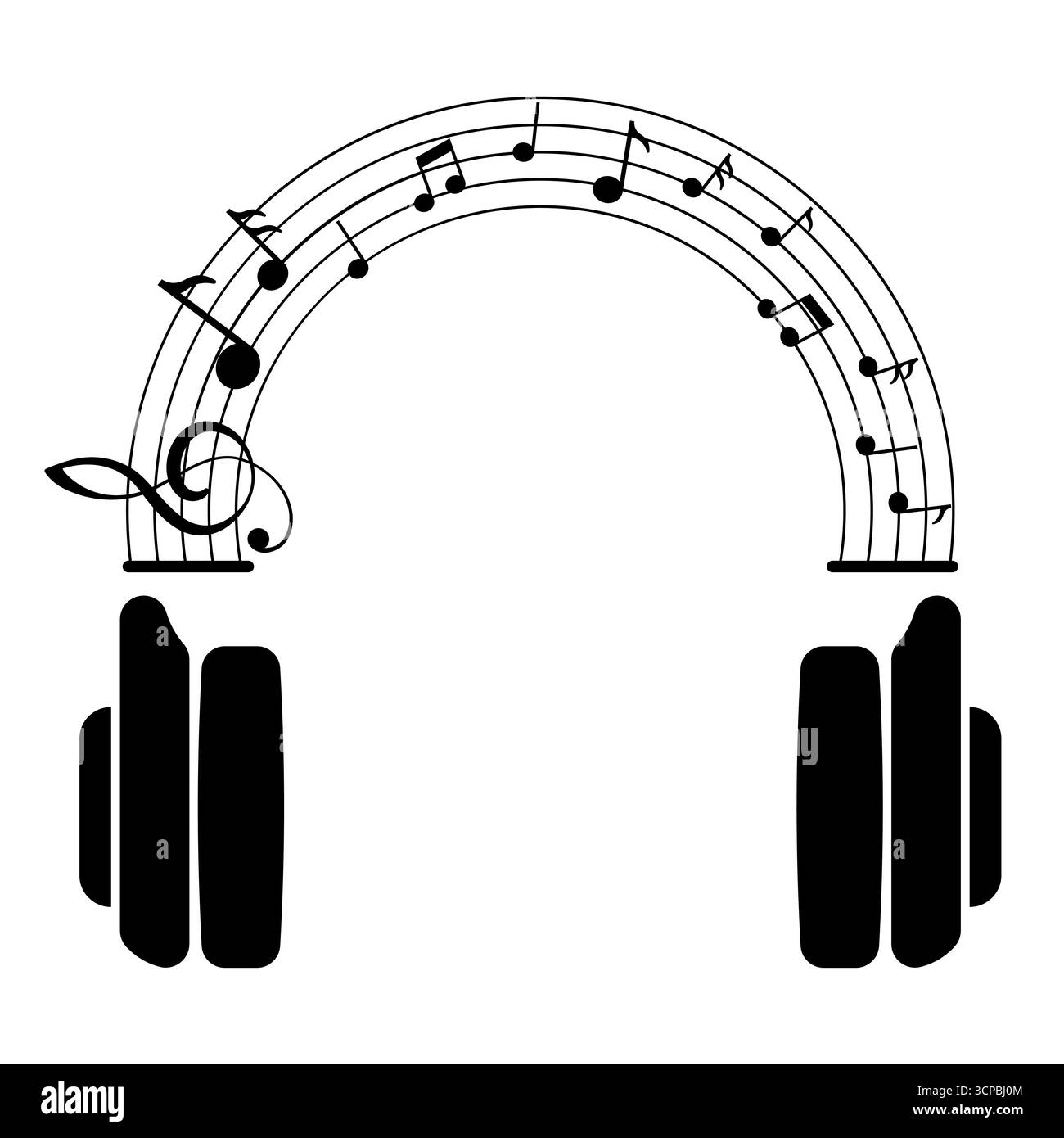 Kopfhörer mit Musiknotizen. Ein Paar Kopfhörer mit einem Musikstab, der einen Bogen bildet, verziert mit verschiedenen Musiknoten und einem Höhenschlüssel. Stock Vektor
