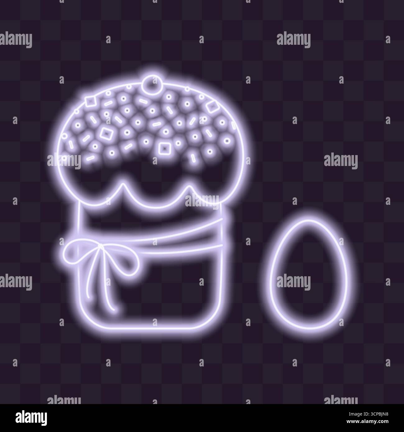 Osterkuchen mit Sprinkle- und Bändchen-Dekor und Ostereier Neon-Glitzereffekt im trendigen Lavendel-Set. Isolierte Vektor-Illustration Ostern festliche Themen Karten, Poster, Banner, Faltblätter, Etiketten, Preis Stock Vektor