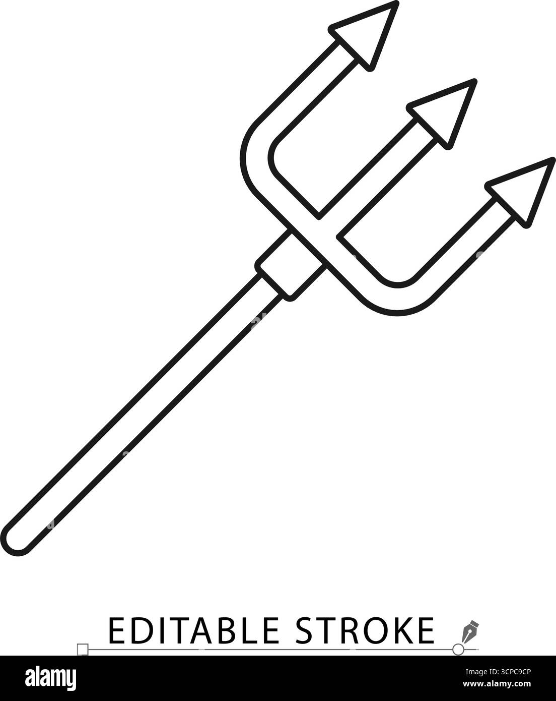 Ein Dämonen-Trident-Symbol im minimalistischen Linienstil mit bearbeitbarem Strich. Teufelswaffe, satanische Heugabel, Höllenspeer, böse Fantasy Kostümzubehör Stock Vektor