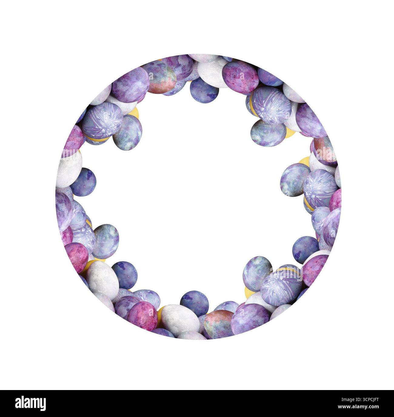 Bemaltes Eierband, Rahmen, runder Rand. Kosmische Pastellfarben, blaue Dominanz, minimalistische Eierdekoration. Moderne, futuristische und nachhaltige Osterfigur Stockfoto