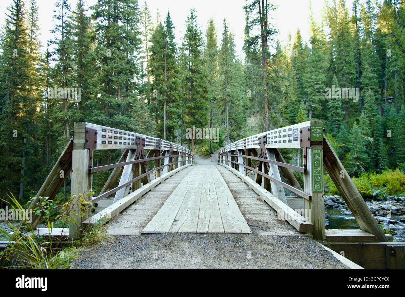 Eine Bergbrücke über einen Fluss in einer zerklüfteten Landschaft bei Sonnenaufgang, umgeben von Kiefern Stockfoto