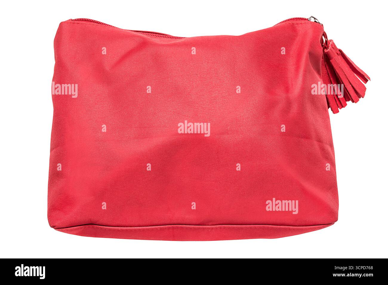 Wasserdichte rote Tasche mit Reißverschluss auf weißem Hintergrund Stockfoto