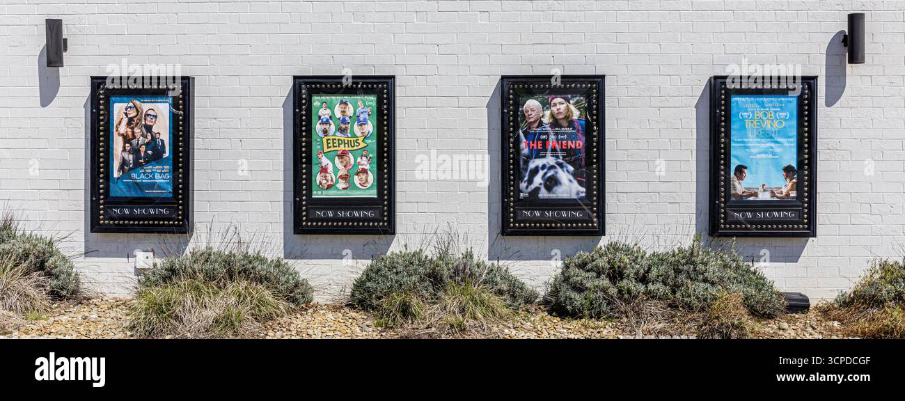 Charlotte, North Carolina, USA-13. April 2025: The Independent Picture House, Raleigh St., zeigt eine Wand mit Filmplakaten. Stockfoto