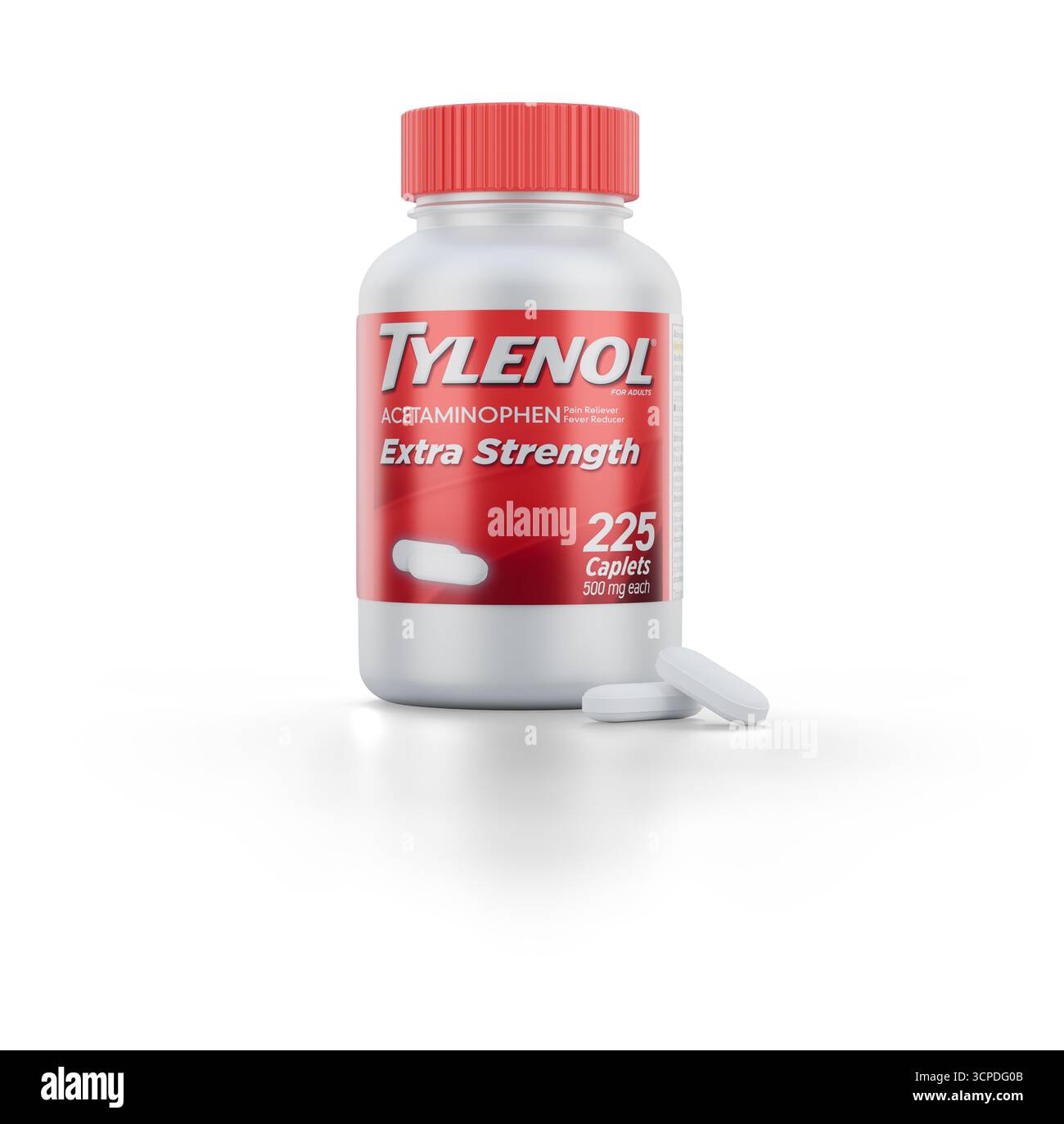 Riverside Country, Kalifornien USA - 25. September 2025 - Eine Flasche Tylenol Caplets Acetaminophen verschreibungspflichtige Medizin Schmerzmittel und Fieberreduzierung Stockfoto