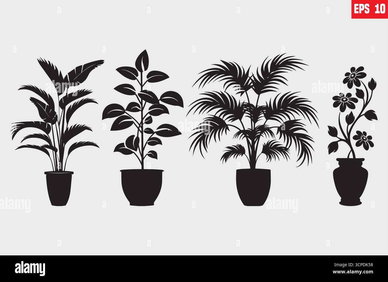 Set mit verschiedenen Hauspflanzen im Topfset. Sammlung von dekorativen Zimmerpflanzen für Innenräume, Bürodekorationen Silhouetten Stock Vektor