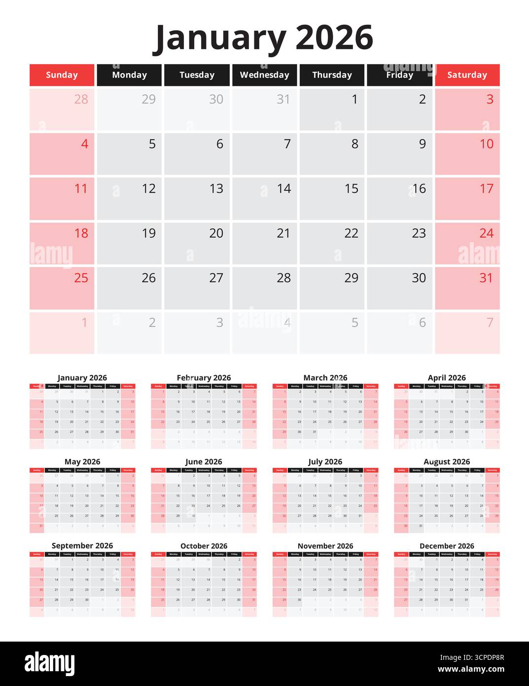 Kalender 2026. Vektorsammlungssatz mit englischem monatlichen Seitenkalender. Design Sonntag Start Stock Vektor
