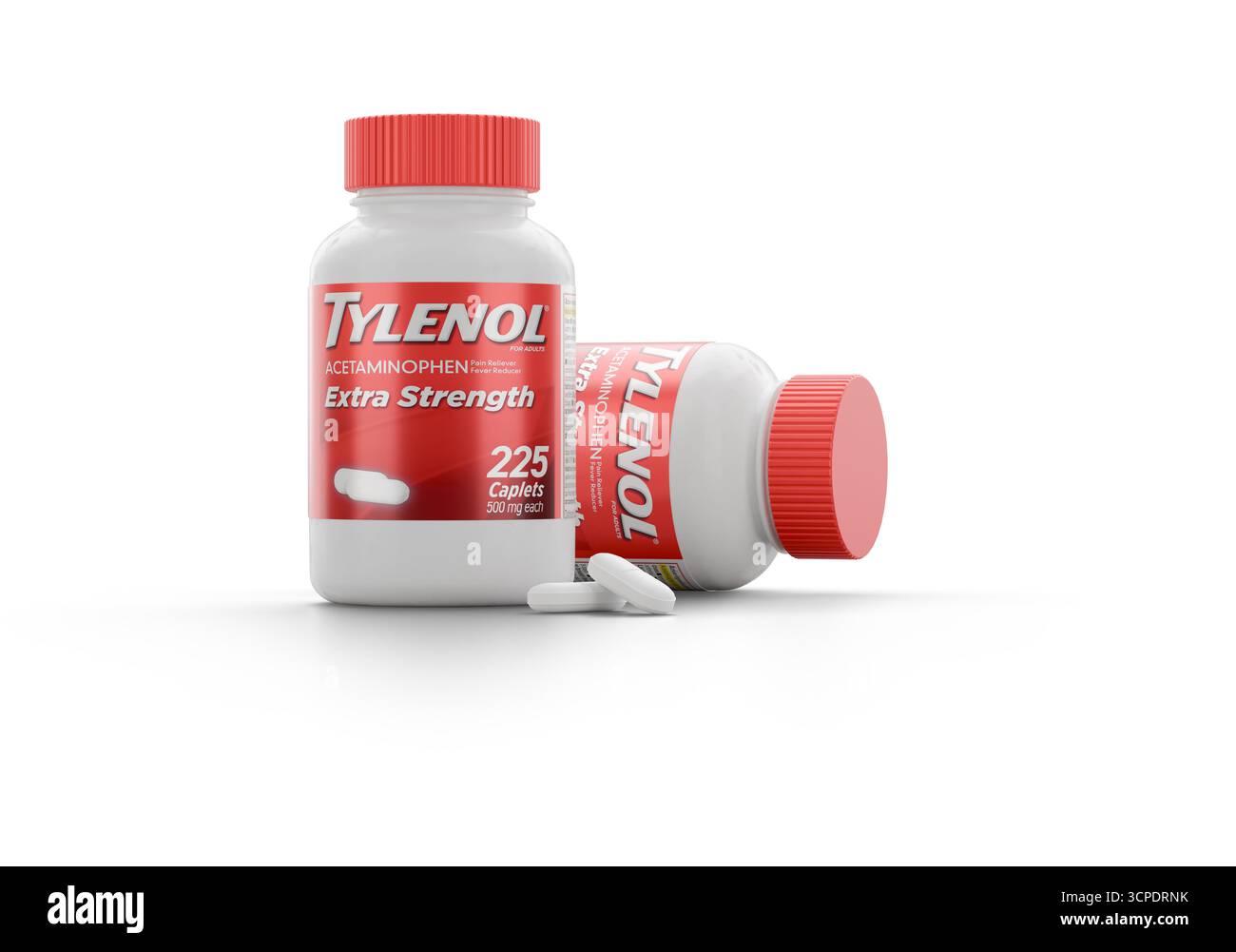 Riverside Country, Kalifornien USA - 25. September 2025 - Flaschen Tylenol und Caplet Pills Acetaminophen Prescription Medicine Schmerzmittel und FEV Stockfoto