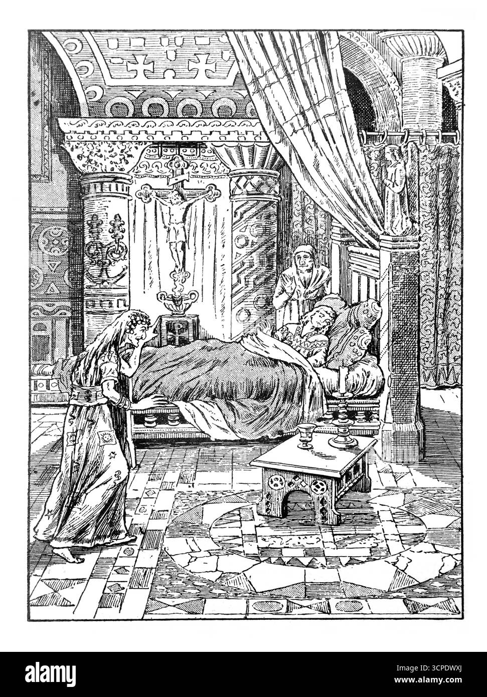 Illustration einer symbolischen Darstellung der Sünder Tod das Kreuz muss entfernt werden, murmelt das böse Genie aus einer Ausgabe von Le crucifix Sa aus dem Jahr 1902 Stockfoto