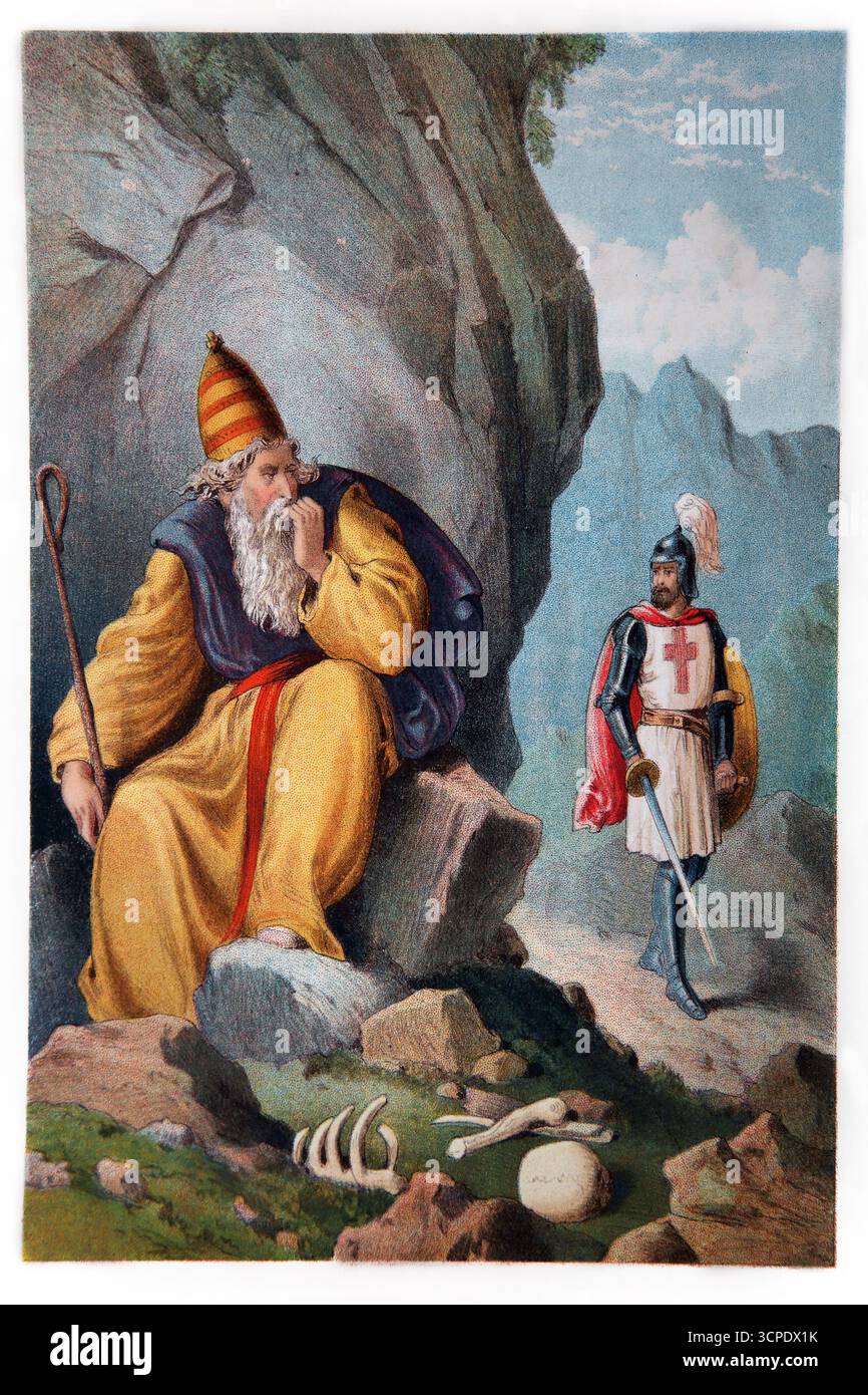 1874 Illustration eines Christen in der Papsthöhle am Ende des Tals des Schatten des Todes Papst beißt seine Nägel und die Knochen des Heiden sind auf Stockfoto