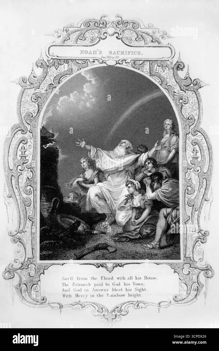 19. Jahrhundert Gravur von Noahs Opfer (1851) und Noah baute dem Herrn ein Alter und nahm jedes saubere Tier und jedes saubere Geflügel und jedes Opfer ab Stockfoto
