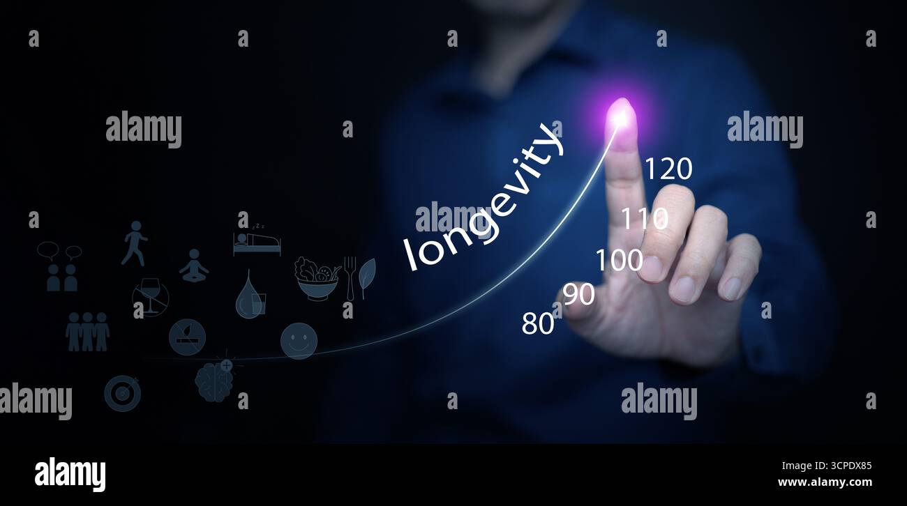 Digitale Illustration des Wachstums der Langlebigkeit mit modernen Datendiagrammen, die gesunde Lebensgewohnheiten, Wellness-Balance und eine verlängerte Lebenserwartung hervorheben Stockfoto