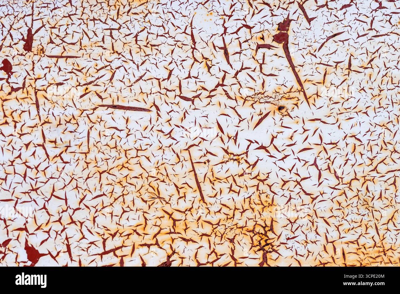 Weiße Rissfarbe auf rostiger Oberfläche, die scharfkantige Muster mit Orangetönen und natürlicher Grunge-Textur bildet. Konzept der Rissfarbe für Retro Stockfoto