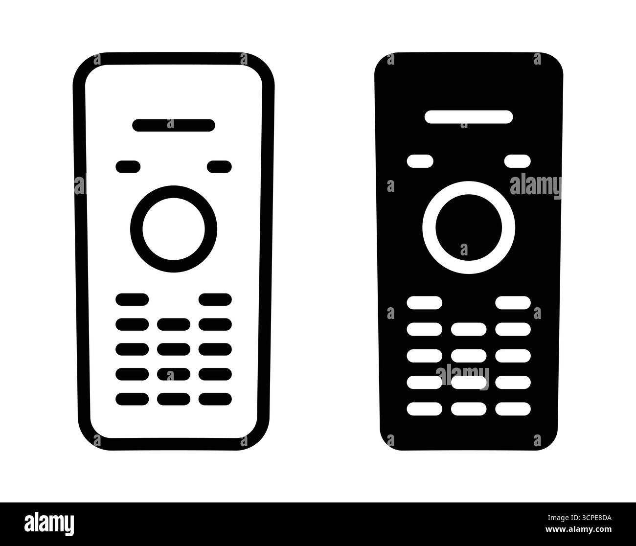 Dieses Bild zeigt minimalistische Symbole für die Fernbedienung in Schwarzweiß. Ideal für Technologien, Home Entertainment-Projekte und Grafikdesign. Stock Vektor