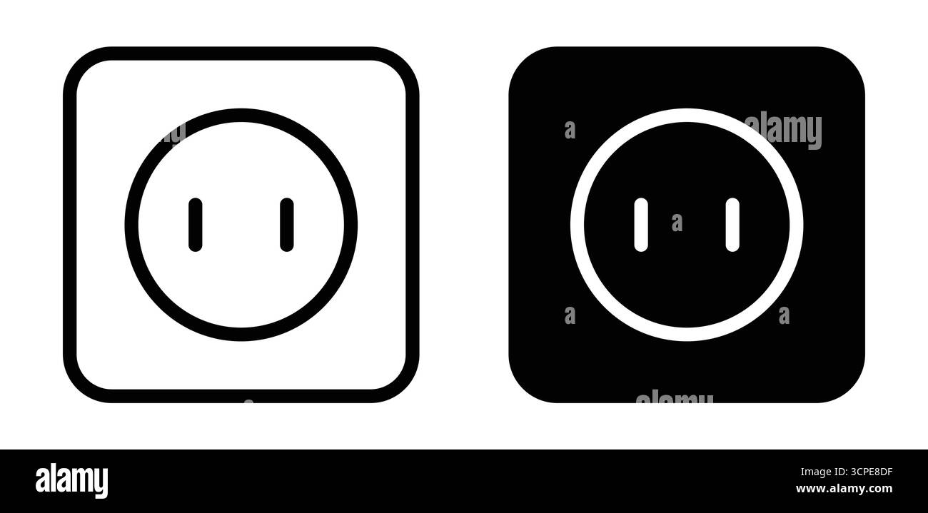 Dieses Bild zeigt zwei Symbole für minimale Stromsteckdosen in Schwarz-weiß. Diese Konstruktionen können für verschiedene elektrische und Innenarchitekturen verwendet werden Stock Vektor