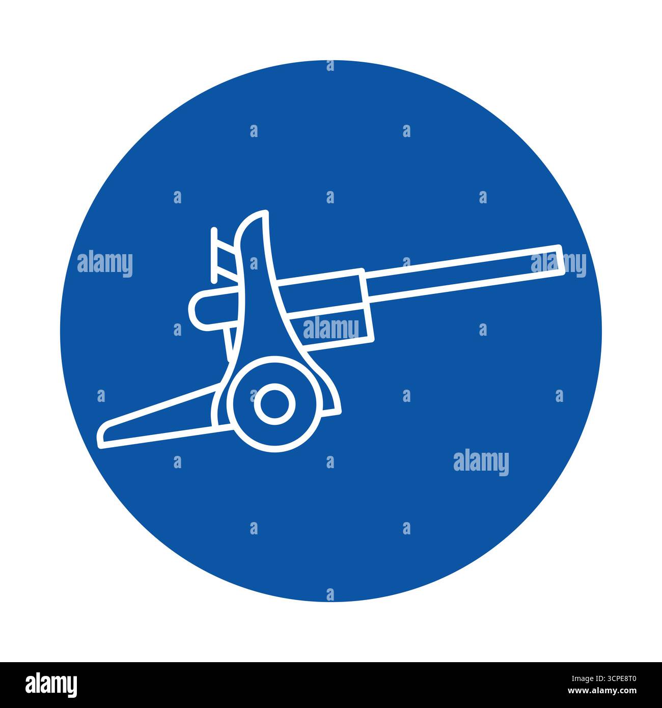 Dieses Bild zeigt eine einfache, moderne Grafik eines Bauwerkzeugs in weißer Strichgrafik auf blauem Hintergrund. Ideal für Bauthemen. Stock Vektor