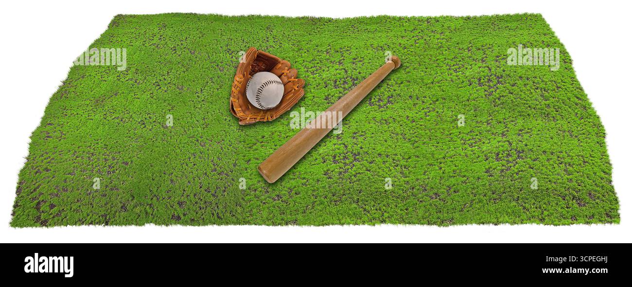Baseballhandschuh, Ball und Schläger auf rauem Gras, um das Spiel auf einem benachbarten Feld zu zeigen Stockfoto