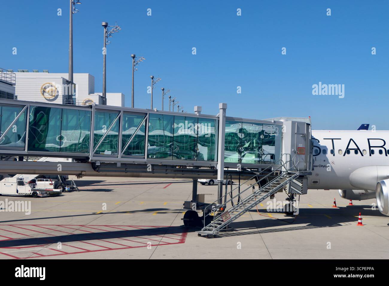 Star Alliance Flugzeug am Gate am Flughafen München, Deutschland, August 2025 Stockfoto