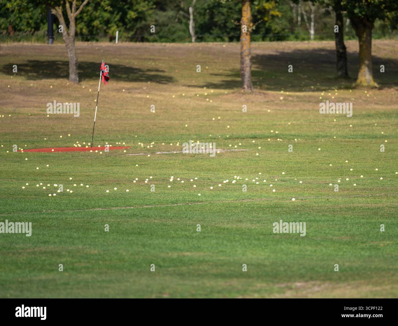 Golf Driving Range mit roter Flagge und zahlreiche Golfbälle, die an einem sonnigen Tag über dem Gras verteilt sind, Belgien Stockfoto