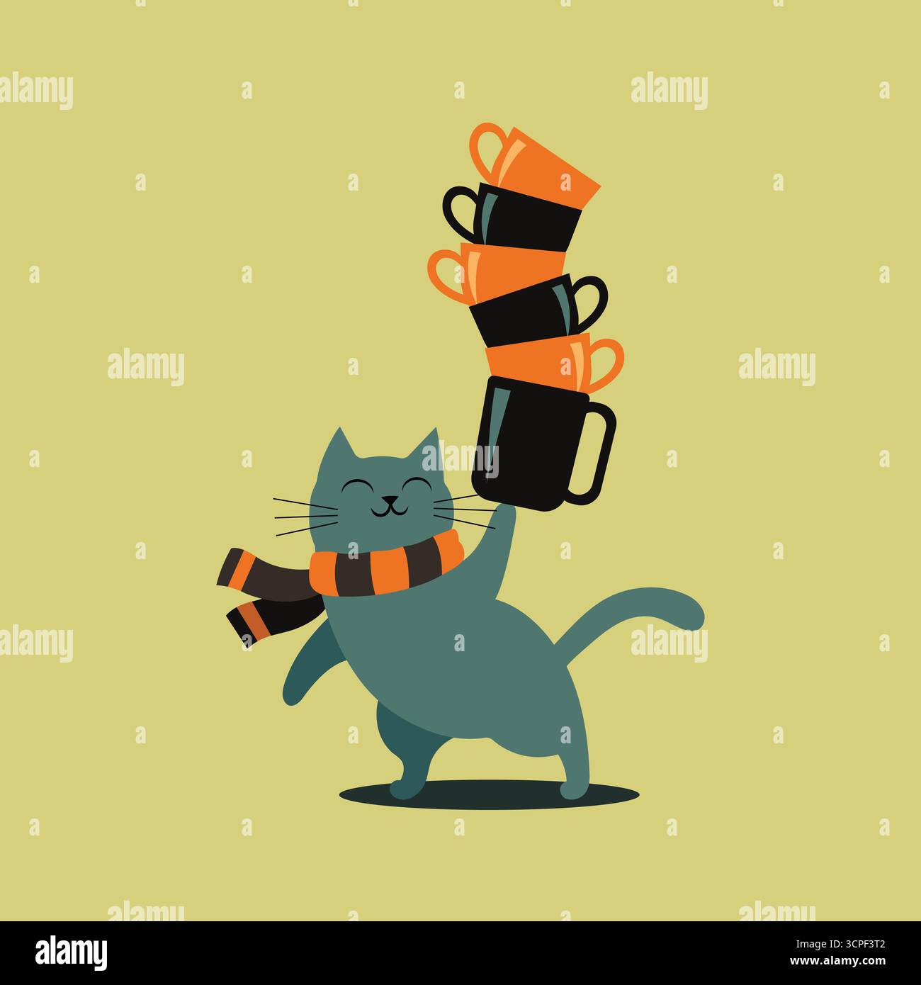 Feiern Sie den Welt-Kaffeetag mit einer charmanten Katze, die Kaffeetassen ausbalanciert und eine Schal-Vektor-Illustration Stock Vektor