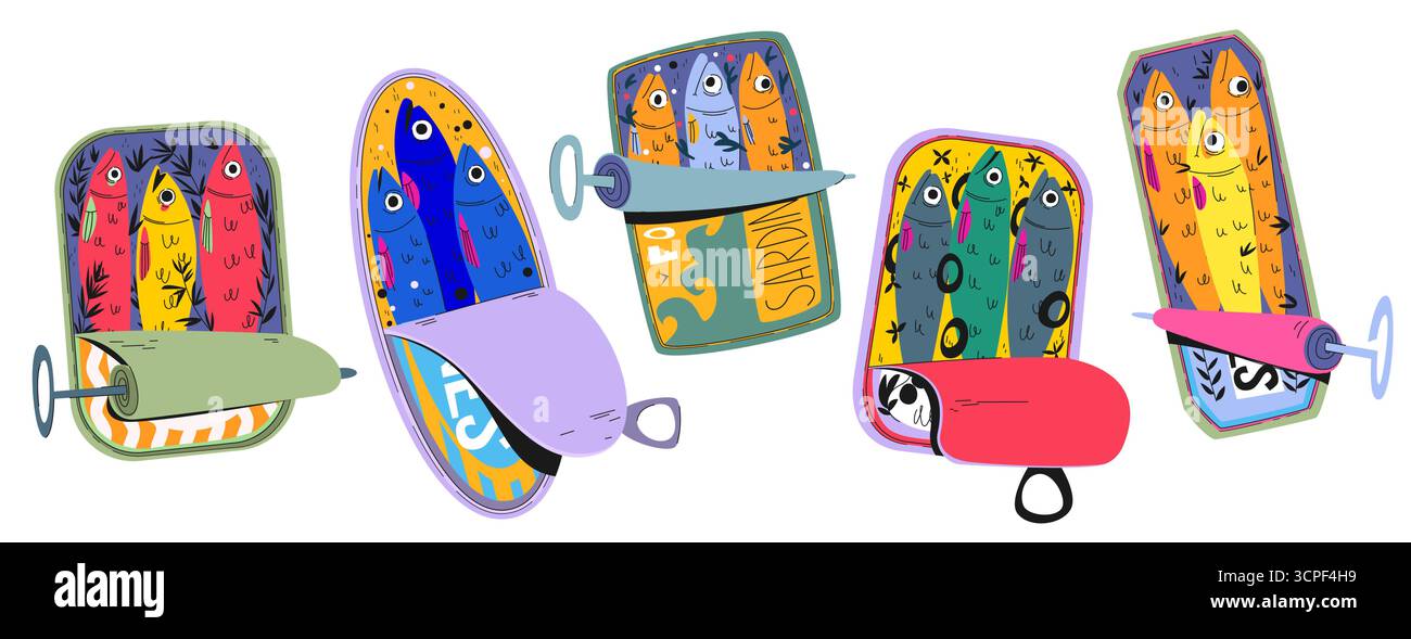 Retro-Set aus Sardinen-Dose mit bunten Fischdosen und Reißlaschen für Vintage-Lebensmittel. Zeichentrickfilme mit Meeresfrüchten in Dosen. Pop-Art-Lebensmittel für nostalgisches Branding oder Menügrafiken Stock Vektor