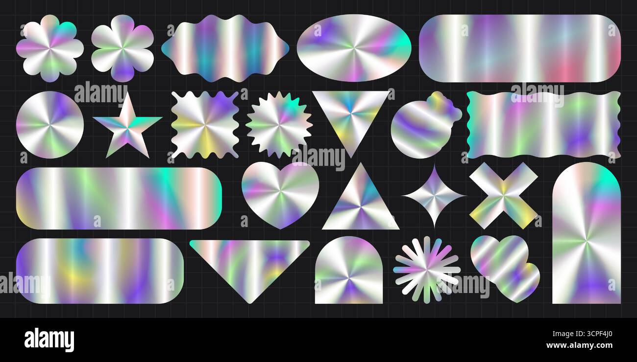 Holografisches Y2K-Stickerset mit metallischen Regenbogenverläufen – Blumen und Herzen, Sterne und geometrische Formen mit schillerndem Chrom. Trendiges Label für nostalgische Designs oder digitale Ästhetik. Stock Vektor