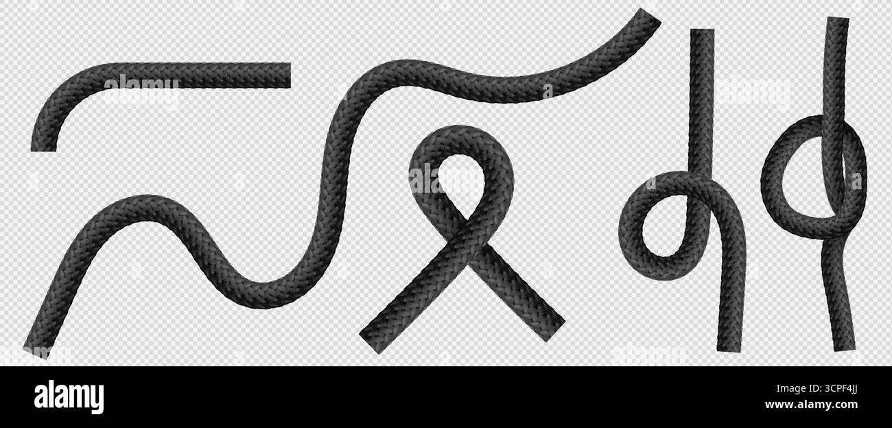 Schwarze Seilsegmente mit Knotenformationen isoliert auf transparentem bg für nautische oder maritime Designelemente. Verdrehte Kordelstücke mit Schlaufen, Kurven und geflochtener Textur für Segel- oder Kletterausrüstung Stock Vektor
