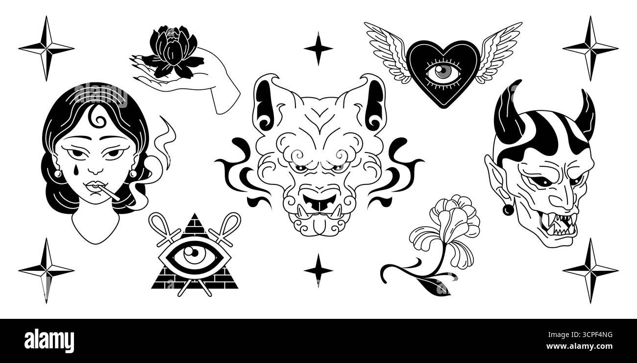 Old School Tattoo Kollektion mit Dämonenmaske, Frauenporträt, geflügeltem Herz und Pyramidenauge auf weißem Hintergrund. Schwarze Strichkunst mit Blumen, Sternen und Dämonenkopf für traditionelle Flashsheet-Designs. Stock Vektor