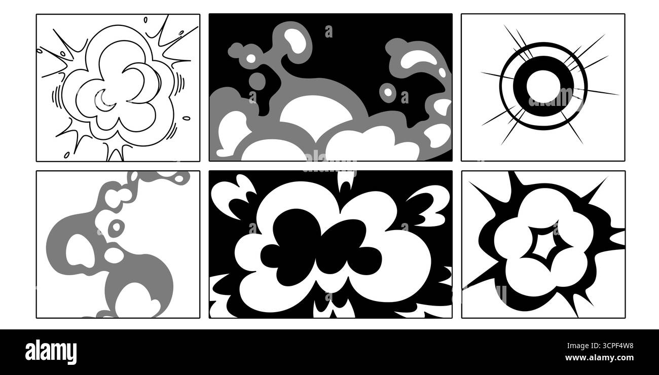 Manga-Explosiveffekt-Panels mit geplatzten Wolken, Rauchringen und Aufprallstrahlen im Storyboard-Gitterlayout. Schwarzweiß-Kompositionen mit dynamischen Actionsequenzen oder Comic-Kampfszenen. Stock Vektor
