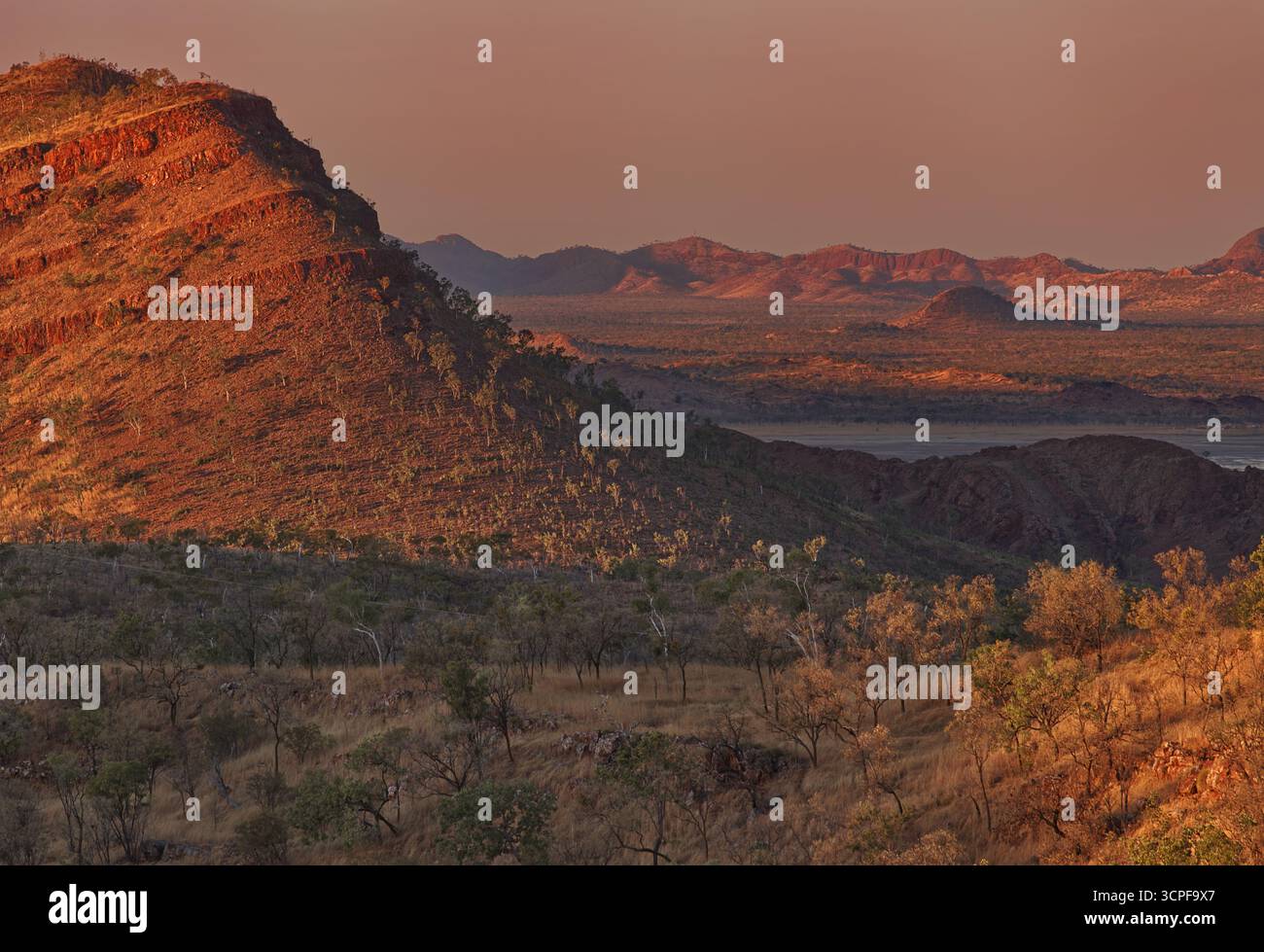 Golden Hour in den Hügeln über Lake Argyll, Kimberley Region, Western Australia. Stockfoto