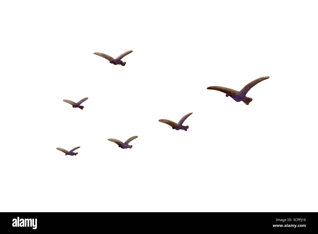 Silhouette von Zugvögeln in V-Form, gemalt mit sanftem Aquarellhimmel und zarten Bleistiftstrichen. Erinnert an saisonale Reisen für Kinder Stockfoto