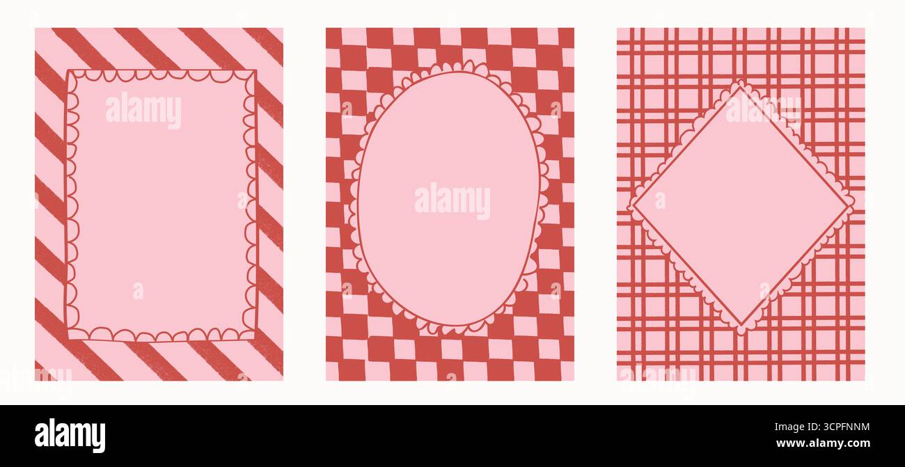 Rosafarbene und rote Retro-Rahmen mit gewellten Spitzenrändern auf gestreiften, karierten, karierten Mustern. Handgezeichnete Hintergründe im Doodle-Stil zum Valentinstag Stock Vektor