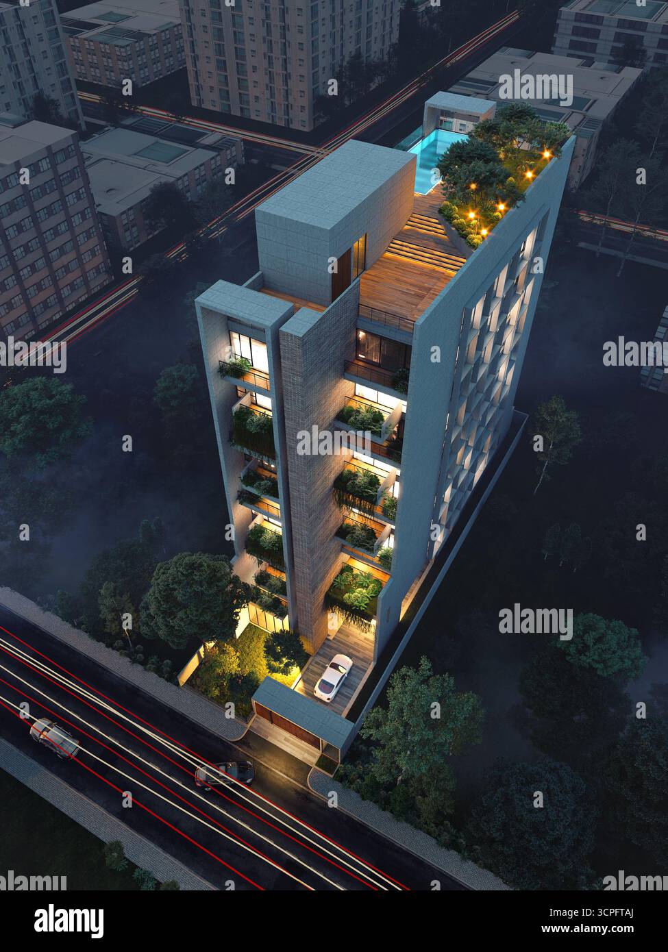Zeitgenössische Architektur: Blick aus der Luft auf das Stadtwohngebäude in der Dämmerung Stockfoto