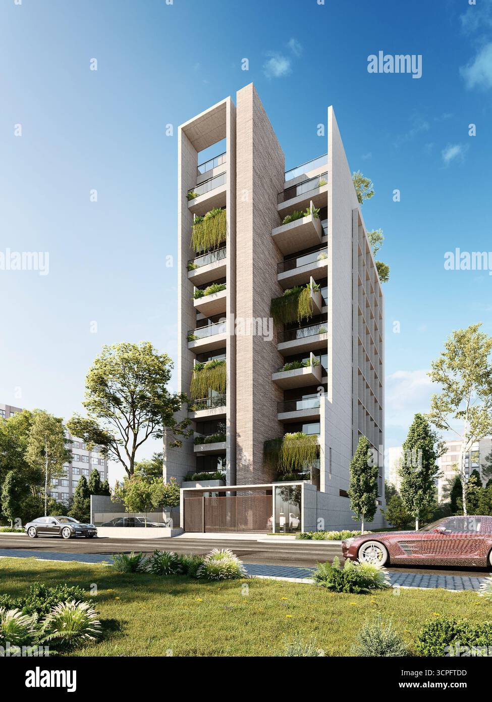 Außenansicht des luxuriösen Wohnturms mit grünen Balkonen unter blauem Himmel Stockfoto