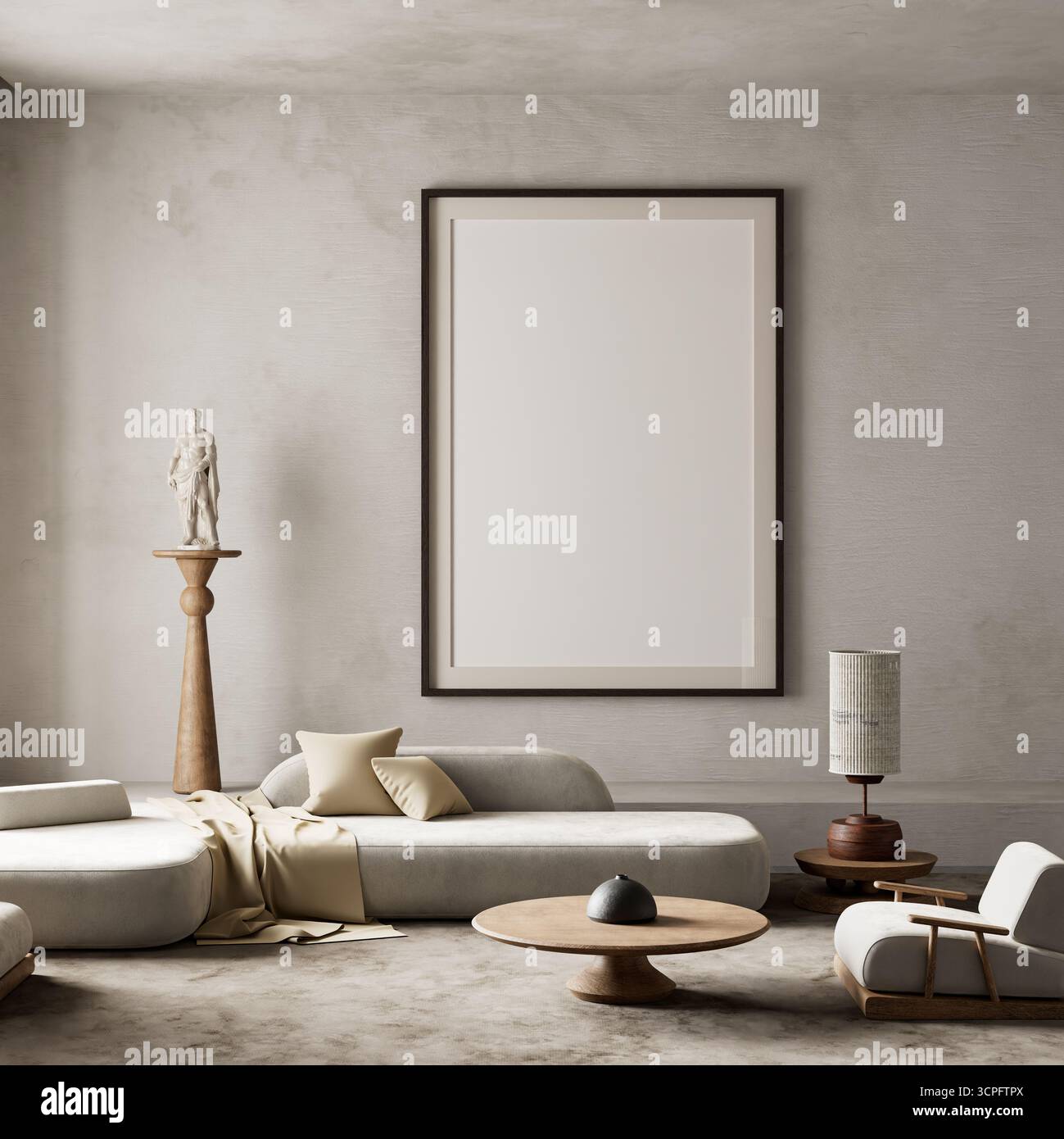 Die ruhige Inneneinrichtung vereint sanfte Neutralien, organische Texturen und skulpturale Details für zeitlosen minimalistischen Charme. 3D-Abbildung Stockfoto