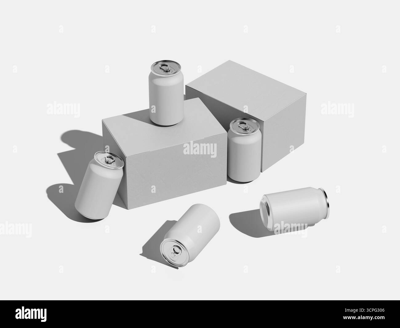 Getränkedose mit Verpackungsbox Mockup (vereinzeltes Layout) Stockfoto
