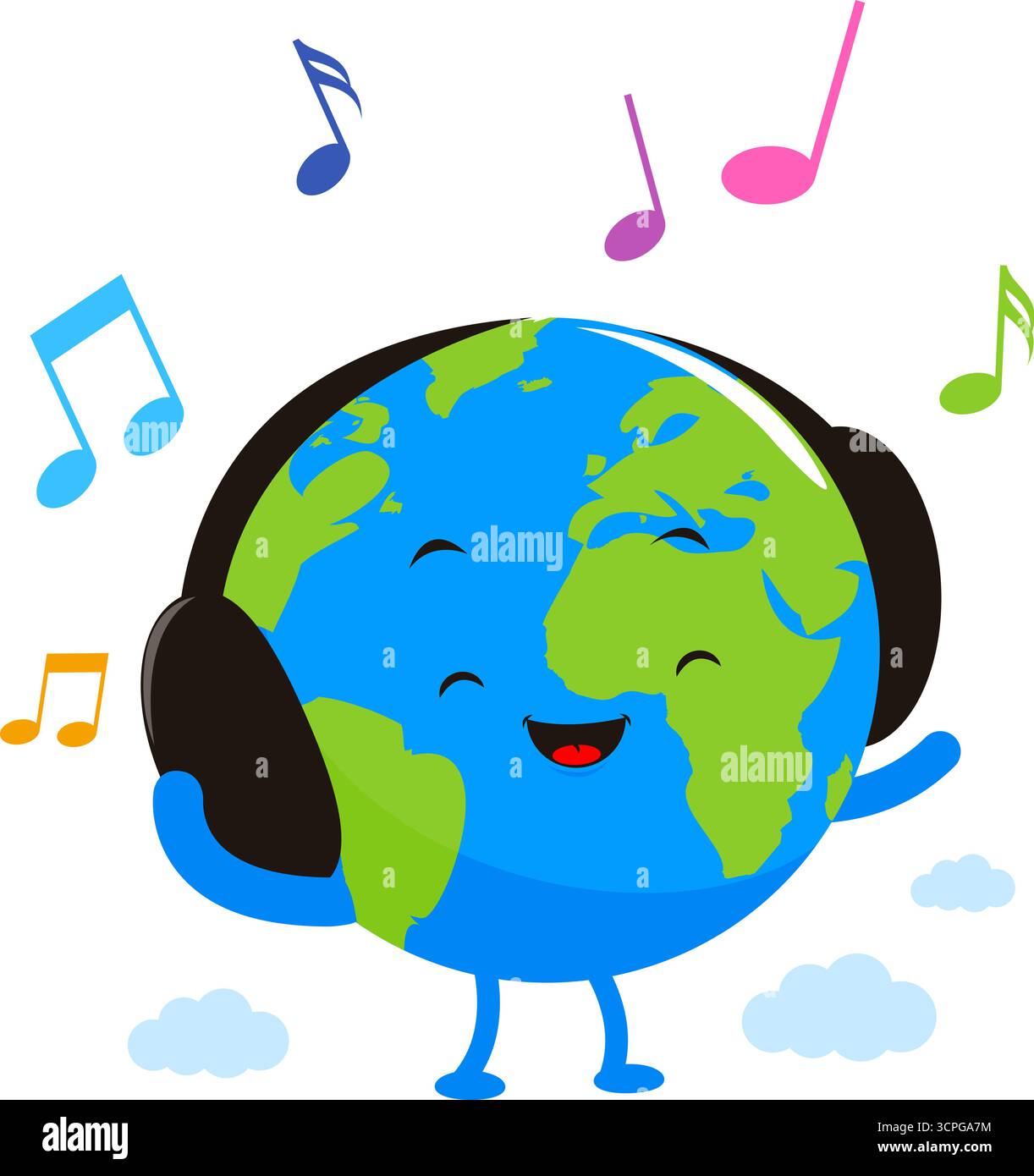 Happy World Karte mit Kopfhörern und Musiknoten. Niedlicher Planet Earth-Cartoon, der Musik hört. Internationaler Musiktag. Vektorabbildung Stock Vektor