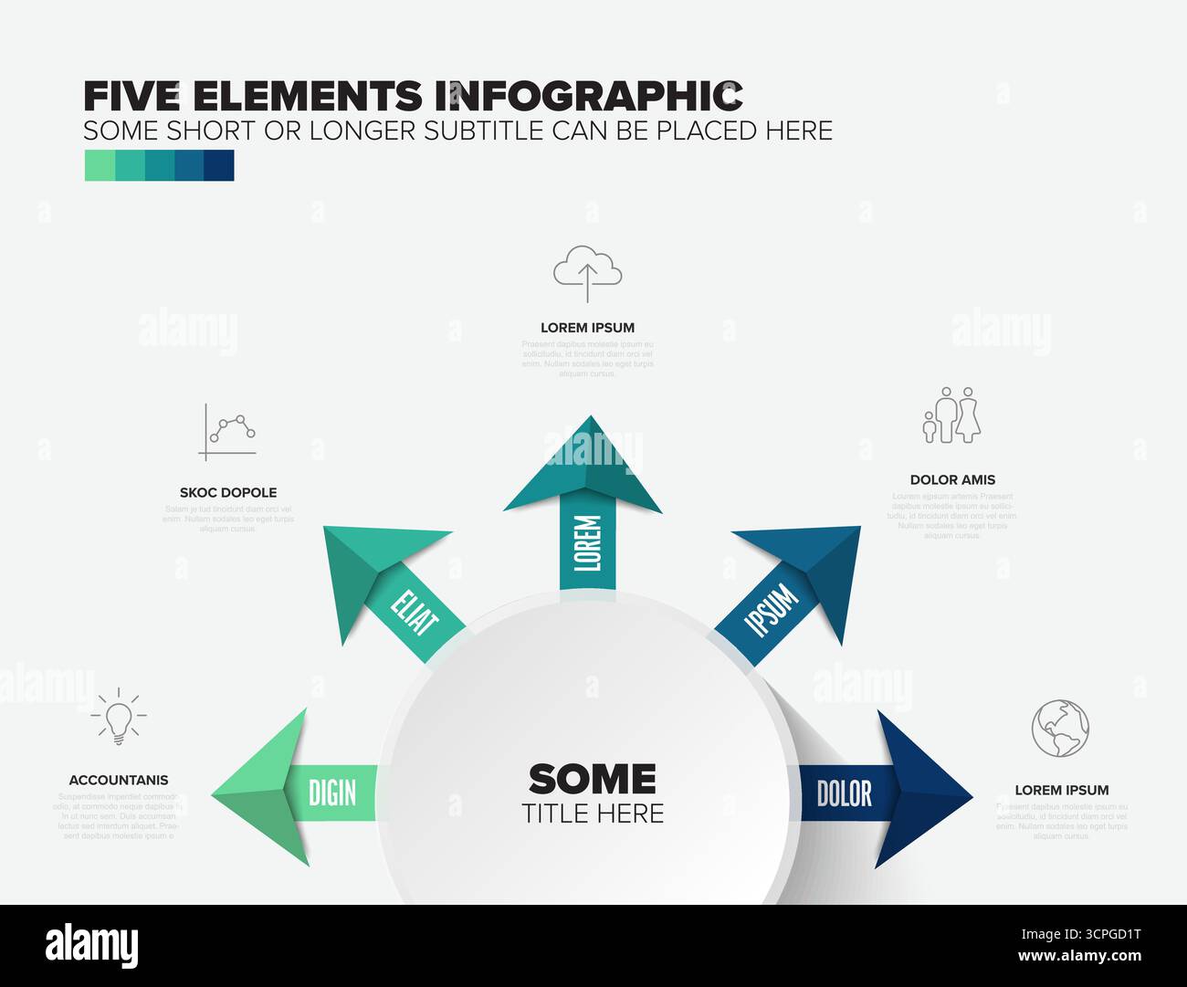 Eine Infografik-Vorlage mit fünf Elementen mit einem zentralen Kreis und Richtungspfeilen, die nach außen zeigen. Das übersichtliche Infografik-Design enthält verschiedene Symbole Stock Vektor