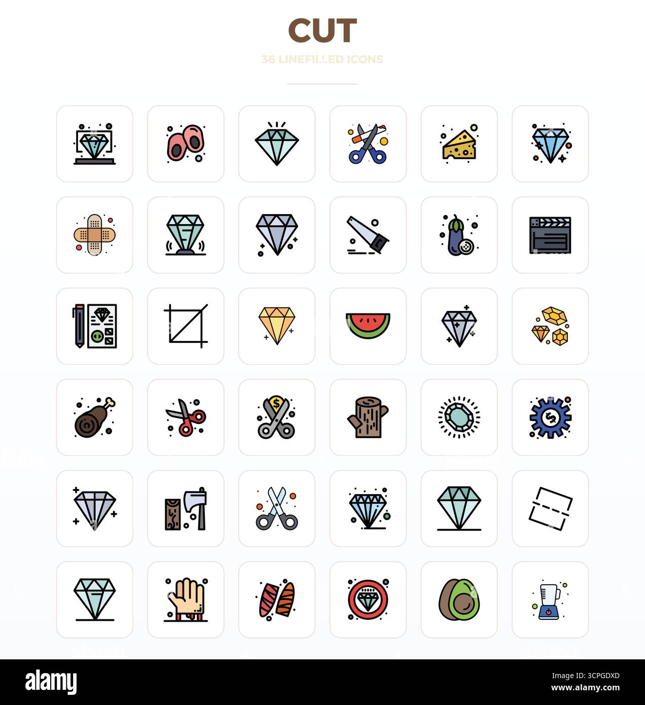 Durchdacht gestaltete 36-Vektorsymbole mit dem Thema „Around Cut“, gefertigt in LineFill mit 128x128 PIXELN, perfekt für moderne Designanforderungen. Stock Vektor