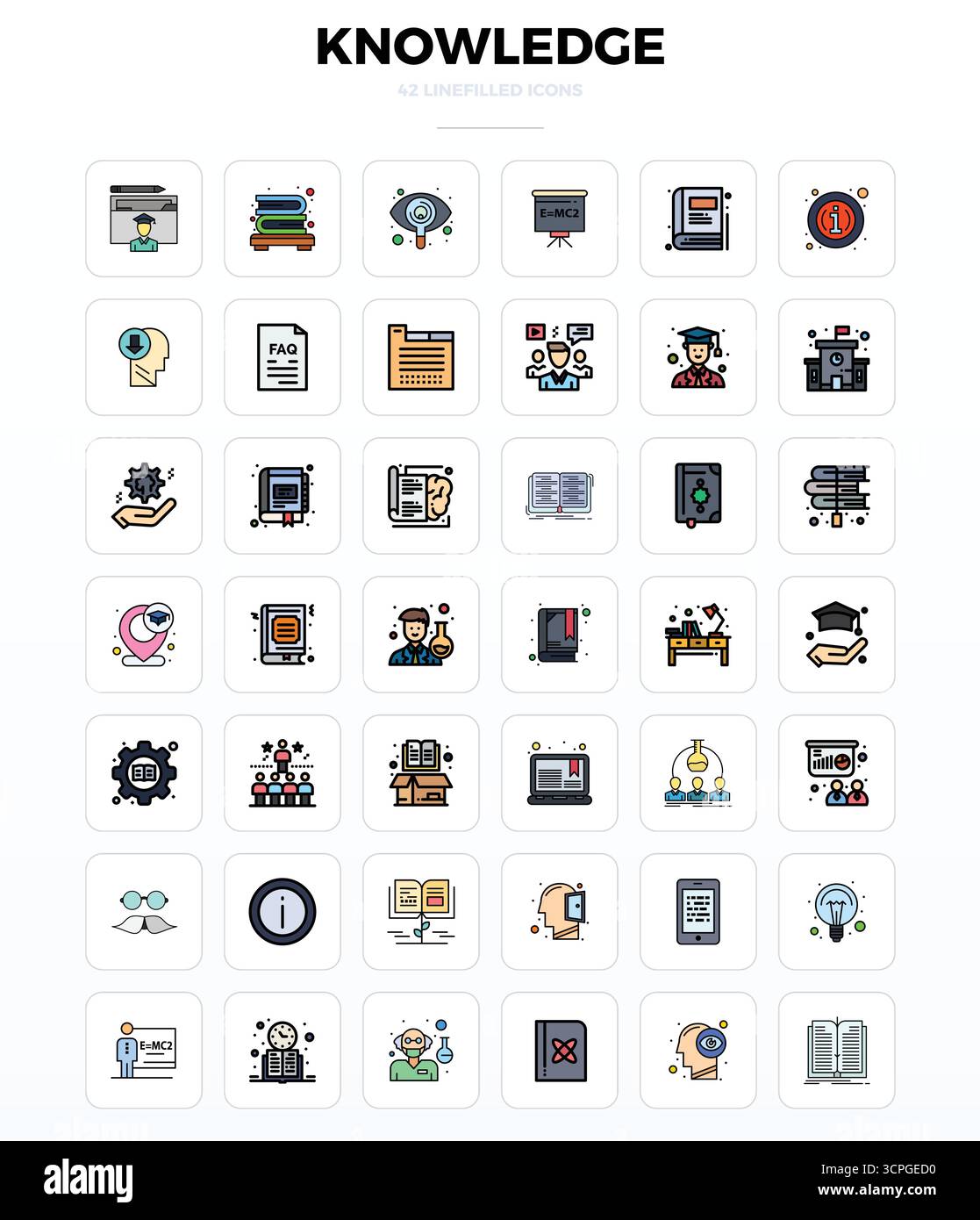 Laden Sie 42 skalierbare LineFill-Vektorsymbole herunter, die speziell für das Wissen entwickelt wurden. Sie verfügen über eine Auflösung von 128x128 PIXELN, die für professionelle und kreative Anwendungen geeignet ist Stock Vektor
