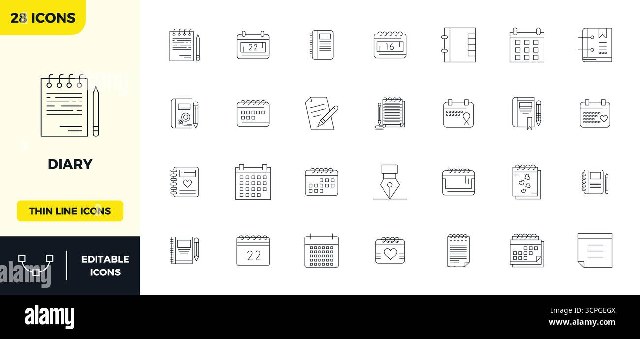 Ausgeklügeltes Paket mit 28 minimalen Linien-Vektorsymbolen für Tagebuch, entwickelt mit 128x128 PIXELN perfekte Klarheit für professionelle Anwendungen. Stock Vektor